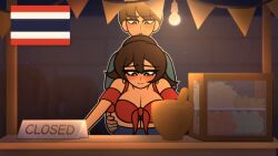 1boy 1girls 2d 2d_animation ambiguous_penetration animated animated_gif apron asian bare_shoulders blush bottomless breasts brown_hair cleavage dark_hair dim_lighting earrings embarrassed evening eyelashes eyeliner female food front-tie_top gif hip_grab jeans lamp large_breasts loop looping_animation male malee's_boyfriend_(what_if_animation) malee_(what_if_animation) midriff national_personification natt_(what_if_animation) navel night one_eye_closed original patreon patreon_link patreon_url ponytail questionable_consent quiet_sex sex sex_from_behind shop standing_sex thai_flag thailand thailand_(what_if_animation) thighs tits uncomfortable_female what_if_animation_(artist) wide_hips
