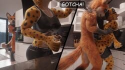 3d_(artwork) abs ambiguous_penetration anthro arched_back arm_pull athletic athletic_anthro athletic_female athletic_wear biceps black_hair bottomwear bottomwear_down bra brown_body brown_fur canid canine canis cheek_tuft cheetah chenira_(johnwulffe) clothed clothed_sex clothing digital_media_(artwork) duo eyewear facial_tuft felid feline felis female female_penetrated from_behind_position fur glasses grin guarez_(johnwulffe) gym_bottomwear gym_shorts hair hi_res inside johnwulffe kitchen long_hair male male/female male_penetrating male_penetrating_female mammal maned_wolf markings multiple_angles muscular muscular_anthro muscular_female neck_tuft nipple_outline open_mouth pants pants_down partially_clothed penetration ponytail sex shorts smile speech_bubble sports_bra spots spotted_body spotted_fur standing standing_sex surprise_sex surprised surprised_face teeth teeth_showing text tuft underwear yellow_body yellow_fur