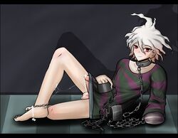 1boy anklet barefoot blackwidowx blush bondage bottomless chains collar corruption cum cum_drip cum_on_feet cum_string danganronpa danganronpa_ultra_despair_girls dirty_feet feet foot_fetish high_res leash male_only malesub nagito_komaeda penis red_eyes saliva servant_(danganronpa) shackles smirk solo toes zettai_zetsubou_shoujo