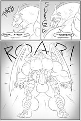 anthro balls clock-face comic dragon english_text erection growth hyper hyper_muscles knot male male_only monochrome muscle_growth muscular nude solo standing text