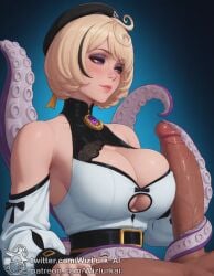 ai_generated bare_shoulders beret big_breasts blonde_hair bob_cut breasts cleavage cleavage_cutout detached_sleeves female handjob huge_breasts huge_cock male neutral_expression penis short_hair tentacle tentacle_around_penis tentacle_job tentacle_sex tongue watermark wet wizlurk_ai yidhari_murphy zenless_zone_zero
