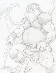 balls beard belt clothing clothing_aside digitigrade disney dragon_wings dudebulge erection facial_hair front_view gargoyle gargoyles greyscale hudson_(gargoyles) humanoid humanoid_penis loincloth male male_only mature_male monochrome musclegut overweight overweight_male partially_retracted_foreskin pencil_(artwork) penis scalie signature solo spread_wings step_pose testicles traditional_media_(artwork) uncut wings