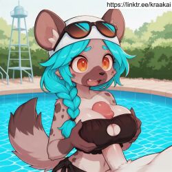 1:1_aspect_ratio 1boy ai_generated animal_ears animal_nose animated anthro aqua_hair bandeau between_breasts bikini black_bikini black_swimsuit blue_hair blush body_fur braid braided_ponytail breast_press breasts breasts_squeezed_together clavicle cleavage cleavage_cutout clothing clothing_cutout ears_through_headwear erection eyebrows eyewear eyewear_on_head fangs female furry furry_female furry_male furry_with_furry h264_(codec) hair_over_shoulder hat headwear high_resolution kraakai large_breasts large_filesize limited_visibility long_hair male mammal mp4 navel no_audio open_mouth orange_eyes outdoors paizuri paizuri_under_clothes penis ponytail pool poolside single_braid snout solo_focus straight strapless sunglasses swimsuit tagme tail thick_eyebrows tied_hair video water white_headwear