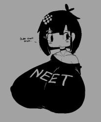 black_and_white black_hair breasts cyanu dialogue female gigantic_breasts huge_breasts hyper hyper_breasts large_breasts neet neet_girl solo solo_female solo_focus