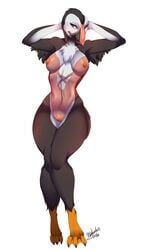 anthro areola avian beak bird breasts cameltoe clitoris clothing female looking_at_viewer myloveless nipple_bulge puffin pussy solo standing swimsuit thick_thighs wide_hips