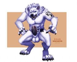 1boy 2016 animal_genitalia anthro balls bear big_penis black_nose blue_eyes canine claws cum dean.winchester fur hybrid male male_only mammal nude penis precum sharp_teeth sheath simple_background sisco_(character) snarling solo tattoo teeth were werewolf white_fur