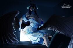 1girls 2d 2d_(artwork) albedo_(overlord) big_breasts breasts doktor_malefic dress fangs female glowing_eyes large_breasts larger_female long_hair looking_at_viewer overlord_(maruyama) portal succubus succubus_horns succubus_wings sweat sweatdrop sweating wet wet_body wet_clothes wet_clothing wet_hair yellow_eyes