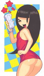1girls ass black_hair blush bottomless breasts butt_crack checkered_background controller dress female game_controller girl_(rhythm_heaven_fever) hand_on_own_hip highres holding holding_controller holding_game_controller inkerton-kun inkuusan long_hair looking_at_viewer mob_face no_panties one_eye_closed red_dress rhythm_heaven rhythm_heaven_fever small_breasts smile solo star thighs wii wii_remote