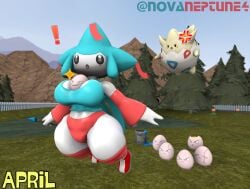 3d 3d_(artwork) angry angry_togepi anthro anthropomorphic april april_(month) blue_paint breasts chasing commission commission_art easter egg_on_breasts exeggcute female grouchy grumble grumpy icee jirachi kabalmystic_(style) legendary_pokemon mad mythical_pokemon novaneptune4 oc paint panko pokemon pokemon_(species) postcard red_and_blue_jirachi scared scared_expression sfm sona source_filmmaker sourcefilmmaker stubborn togepi