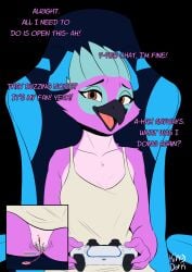 absurd_res anthro avian beak bird bodily_fluids bottomless bottomless_anthro bottomless_female chair clitoral_hood clitoris clothed clothing controller dialogue digital_media_(artwork) dualsense electronics english_text feathers female fingers furniture game_controller gaming gaming_chair genital_fluids genitals hi_res holding_controller holding_game_controller holding_object kingdorkster livestream looking_at_viewer masturbation open_beak open_mouth penetration playing_video_game playstation playstation_5 pussy sex_toy sex_toy_in_vagina sex_toy_insertion simple_background sitting smile solo sony_corporation sony_interactive_entertainment spread_legs spreading stealth_masturbation text topwear topwear_only vaginal_fluids vaginal_fluids_on_vulva vaginal_masturbation vaginal_penetration vibrator vibrator_in_vagina vulva wireless_controller