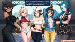 5girls :d aged_up armpits arms_up ass bare_shoulders belt black_belt black_bodysuit black_dress black_gloves black_hair black_pants black_pantyhose blonde_hair blue_eyes blue_hair blue_hoodie blue_nails blue_necktie blurry blurry_background bodysuit breasts brown_eyes brown_hair brown_jacket choker cleavage closed_mouth cloud cloudy_sky collarbone commentary cowboy_shot cowlick crop_top cropped_shirt crossed_arms cube_hair_ornament dark-skinned_female dark_skin day dress duplicate duro_(pokemon) earclip emma_(pokemon) emma_(pokemon_legends:_z-a) english_commentary english_text female game_freak glasses gloves gradient_hair green_jacket grey_eyes grin groin hair_between_eyes hair_bun hair_ornament hair_rings hands_on_own_hips harmony_(pokemon) hat hood hood_down hoodie indoors jacket large_breasts latex latex_bodysuit leggings lida_(pokemon) lipstick long_hair long_sleeves looking_at_viewer mable_(pokemon) mable_(pokemon_legends:_z-a) makeup matiere_(pokemon) matiere_(pokemon_legends:_z-a) medium_breasts micro_shorts momiji_(pokemon) momiji_(pokemon_legends:_z-a) multicolored_hair multiple_females multiple_girls navel necktie nintendo no_jacket off_shoulder open_clothes open_jacket open_mouth orange_gloves orange_leggings paid_reward_available pants pantyhose parted_bangs pink_hair pokemon pokemon_legends:_z-a red_nails red_shirt reit ribbed_shirt safety_glasses seika_(pokemon) shirt short_hair shorts sidelocks sky sleeveless sleeveless_bodysuit sleeveless_shirt smile speech_bubble standing stomach strapless striped_hat swept_bangs taunie_(pokemon) teeth thigh_gap tinted_eyewear topknot townie_(pokemon) train_station tube_top turtleneck turtleneck_shirt two-tone_gloves two-tone_legwear underboob unzipped visor watermark web_address white_choker white_hat white_leggings white_shorts white_tube_top wispy_bangs zipper_pull_tab