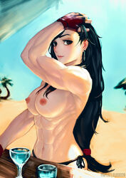 abs beach bikini bikini_bottom black_hair breasts brown_eyes earrings elee0228 female final_fantasy final_fantasy_vii fingerless_gloves fit gloves hand_in_hair long_hair looking_at_viewer low-tied_long_hair muscles muscular_female navel nipples outdoors paiplez sand side-tie_bikini smile solo tifa_lockhart topless very_long_hair