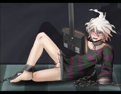 1boy ahe_gao anal_fingering animated ankle_cuffs barefoot blackwidowx blush bondage bottomless brainwashing chains collar corruption cum cum_drip cute_male danganronpa danganronpa_ultra_despair_girls feet high_res hypnosis leash male_only malesub mind_control monitor nagito_komaeda open_mouth penis saliva servant_(danganronpa) shackles solo spiral_eyes straight_hair tongue_out zettai_zetsubou_shoujo