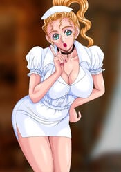 blonde_hair blue_eyes breasts cleavage earrings female female_only glasses hand_on_hip head_tilt leaning_forward lipstick nail_polish necklace nurse_cap nurse_uniform original pixiv silegy standing yoshizawa_yuuri