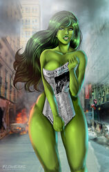 1girls avengers big_breasts convenient_censoring embarrassed_nude_female enf female female_only flowerxl green_hair green_skin huge_breasts hulk_(series) large_breasts marvel marvel_comics newspaper nude she-hulk solo thick_thighs thighs