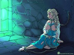 1girls bare_shoulders blonde_hair bondage bound braid breastless_clothes breasts breasts_out chained chains collar detailed_background digital_media_(artwork) disney dress elsa_(frozen) female female_only femsub frozen_(film) high_heels kate_starling looking_away manacles nipples patreon_username princess prison prison_bitch restrained_to_wall royalty slave solo solo_focus torn_clothes torn_dress