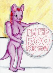 abstract_background anthro ball breasts english_text female hair kangaroo looking_at_viewer mammal marsupial nipples pose purple_fur pussy red_hair shawna shawna_callums solo text traditional_media_(artwork)