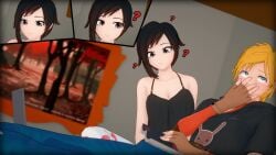 1boy 1girls 3d black_hair blonde book book_covering_erection confusion criss-cross embarrassed female hand_on_penis hiding_erection jaune_arc laptop male nyxxzeiss pajama_pants penis ruby_rose rwby staring_at_crotch
