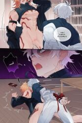 2boys antenna_hair arm_tattoo armband black_jacket black_shirt blonde_hair blue_eyes blush bound bound_wrists bow braid chest_tattoo chinese_text clothes_lift commentary_request cuntboy cuntboy_with_male english_commentary facial_tattoo g_mi_18 gradient_hair highres honkai:_star_rail honkai_(series) human humanoid intersex jacket large_pectorals male male_focus male_only medium_hair multicolored_hair multiple_boys multiple_males muscular muscular_cuntboy muscular_male mydei_(honkai:_star_rail) open_clothes open_jacket parted_bangs pectorals phainon_(honkai:_star_rail) red_bow red_hair red_ribbon red_tattoo ribbon shirt shirt_lift short_hair side_braid sleeveless sleeveless_turtleneck tattoo translation_request turtleneck white_hair white_jacket yellow_eyes