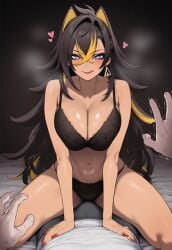 1boy 1girls ai_assisted ai_generated animal_ears assertive assertive_female before_sex big_breasts black_hair blush breasts dark-skinned_female dark_skin dehya_(genshin_impact) duo female female_on_top genshin_impact grin heart huge_breasts imminent_sex licking licking_lips light-skinned_male lingerie long_hair looking_at_viewer male mihoyo multicolored_hair navel pov pov_male sexually_suggestive smile steam steamy_breath sweat sweatdrop thick_thighs thighs truck-kun_art truck_kun