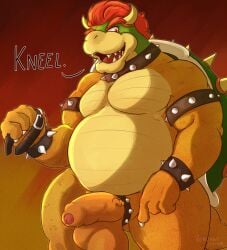 1boy 2025 accessory anthro armband balls belly big_belly bowser bracelet cock_ring collar collar_in_hand dialogue dominant dominant_male english_description english_text erection fat fat_belly fat_male first_person_view foreskin furry furry_male furry_only gay genitals gradient_background green_body hair hi_res horns jewelry koopa looking_at_viewer male male_only mario_(series) muscles muscular muscular_male nintendo obese obese_anthro obese_male overweight overweight_anthro overweight_male penis penis_accessory penis_jewelry red_eyes red_hair reptile scalie shell simple_background slicked_back_hair solo spiked_armband spiked_bracelet spiked_cock_ring spiked_collar spikes standing submissive submissive_pov talking_to_viewer text uncircumcised verdantotter yellow_body