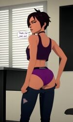 1girls 3dcg ai_assisted ai_generated ass breasts brown_eyes brown_lips cel_shading choker dark_hair dialogue dispatch_(game) english_text female indoors invisigal looking_back medium_breasts messy_hair nose_piercing nose_ring office panties pants piercing protocat purple_panties pussy pussy_juice pussy_juice_drip removing_clothing removing_pants short_hair short_hair_female slender slender_body slender_waist slim slim_waist solo solo_female solo_focus standing superhero superheroine talking_to_viewer text text_bubble tomboy torn_pants undressing wet_panties wet_pussy
