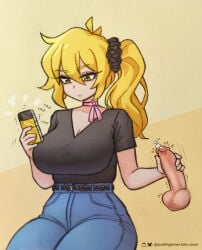 1girl akita_neru belt black_belt black_shirt blonde_hair blue_pants breasts cleavage denim disembodied_penis hair_between_eyes handjob high-waist_pants highres holding holding_phone jeans large_breasts long_hair motion_lines multitasking neck_ribbon pants penis phone pink_ribbon puddingdraws ribbon shirt short_sleeves side_ponytail traditional_media twitching_penis uncensored v-neck vocaloid