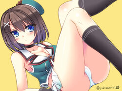 1girls beret blue_eyes blush breasts brown_hair female female_only hat kantai_collection kneehighs legs_up maya_(kantai_collection) panties pants school_uniform shirt short_hair skirt solo tamagawa_yukimaru uniform