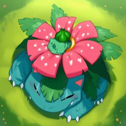 1:1 ai_generated blush bulbasaur claws closed_eyes elemental_creature feral flora_fauna flower flower_(anatomy) generation_1_pokemon grass green_body hellsonger hi_res leaf lying nintendo on_front plant pokemon pokemon_(species) sleeping solo venusaur