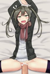 alternate_costume blush bottomless censored clothed_sex clothing drooling female green_hair highres jacket kantai_collection long_hair male missionary nuppunuppu open_mouth penetration penis pussy ribbed_sweater saliva scarf sex spread_legs straight sweater thighhighs thighs torogao twintails vaginal_penetration zuikaku_(kantai_collection)