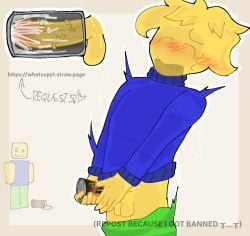 1boy back_arch back_arching_orgasm bloxy_cola blue_sweater blush closed_eyes green_pants head_floof head_fluff male masturbation moaning noob noob_(roblox) open_mouth pants_down reupload roblox roblox_game robloxian self_upload simple_background simple_coloring simple_shading soda_can solo sweat sweater_up yellow_skin