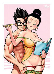 1boy 2d abs black_hair blush chichi chichi_(majin_buu_saga) dragon_ball dragon_ball_super erect_nipples female fingernails full_color incest lipstick mother_and_son nail_polish no_penetration nude purple_nails r_ex son_gohan