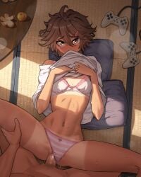 1boy abs blush bow bow_panties bra brown_hair clothed_sex clothes_lift clothing_aside commentary controller crack_of_light cushion english_commentary female female_abs female_torso food fruit game_controller hair_ornament hairclip hand_on_another's_thigh highres indoors kyoko_(madaotheory) lifting_own_clothes light_particles looking_at_viewer madaotheory male missionary navel orange_(fruit) original paid_reward_available panties panties_aside penis playstation_controller pov pussy sex shirt_lift shorts_tan small_breasts solo_focus straight striped_clothes striped_panties sweat tan tanline tanlines tatami uncensored underwear vaginal_penetration yellow_eyes