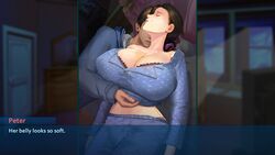 1boy big_breasts breasts busty clothed game game_cg games huge_breasts incest male mary_(taffy_tales) milf mother_and_son sleeping taffy_tales text uberpie