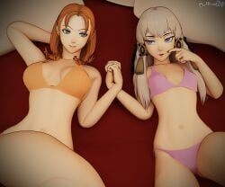 2girls 3d annette_fantine_dominic arm_behind_head armpit_crease armpits ass_visible_through_thighs bare_arms bare_shoulders bare_thighs bed bedroom_eyes blue_eyes blue_nails breasts collarbone couple crossed_legs dochaunt24 female female_only finger_to_face finger_to_mouth fire_emblem fire_emblem:_three_houses half-closed_eyes hand_up hands_up holding_hands imminent_sex interlocked_fingers long_hair looking_at_another lysithea_von_ordelia medium_breasts medium_hair multiple_girls nail_polish naughty_face navel nintendo on_back on_bed open_mouth orange_bra orange_hair orange_panties panties pillow pink_eyes post-timeskip purple_bra purple_nails purple_panties small_breasts stomach take_your_pick textless_version thick_thighs thighs underwear white_hair yuri