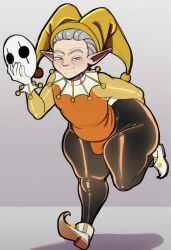 1boy ai_generated big_ass bulge chubby femboy grey_hair jester male_only mask old_male older_male pointy_ears short shortstack tight_clothing tights wide_hips wrinkles