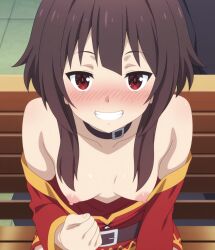 1girls ai_generated bare_shoulders black_collar blush breasts breasts_out brown_hair collar dress dress_down female female_only kono_subarashii_sekai_ni_shukufuku_wo! konosuba medium_breasts megumin nipples red_dress red_eyes short_hair sitting sitting_on_bench smile solo_female teasing