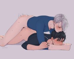 2boys ambiguous_fluids anal anal_penetration anal_sex ass bisexual black_hair black_hair_bottom blush bottomless canon_couple cum cum_inside doggy_style domination from_behind from_behind_position gay half-dressed katsuki_yuuri light_hair_on_dark_hair male_only multiple_boys muscle penetration sex shirt_only silver_hair sweat tears thrusting viktor_nikiforov white_hair white_hair_on_black_hair white_hair_top wince yaoi yuckittie yuri!!!_on_ice