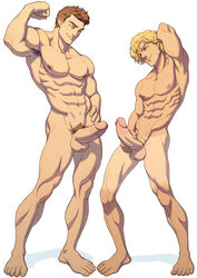 2boys bara barefoot blonde_hair blonde_pubic_hair boner circumcised circumcision_scar copyright_request dicks_out erection full_body male male_only multiple_boys muscle nude penis proud_of_his_cock schizoid smile tan tanline testicles