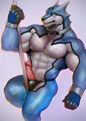 1boy abs anthro canine colored dancing doggie_kruger erection furry iceman1984 looking_at_viewer male male_only mammal muscular pecs penis pole pole_dancing power_rangers simple_background solo super_sentai thong tokusou_sentai_dekaranger undressing