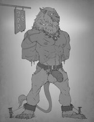 1boy 5_toes abs anthro arms_tied balls barefoot belt bound collar digimon feline forge_(artist) front_view glowing greyscale grin half-erect hands_behind_back hi_res hindpaw humanoid_penis legs_tied leomon lion male male_only mammal mane monochrome muscular nipples nude partially_retracted_foreskin paws pecs penis pinup plantigrade pose price scar sharp_teeth sign solo spread_legs spreading standing teeth toes uncut