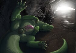 2016 4_toes absurd_res animal_genitalia anus balls cave claws closed_eyes digital_media_(artwork) disney dragon dripping elliott_(pete's_dragon) erection evalion feral fur furred_dragon green_fur hi_res male male_only pawpads penis pete's_dragon pete's_dragon_(2016) precum rear_view sheath sleeping smile solo spread_legs spreading toe_claws toes