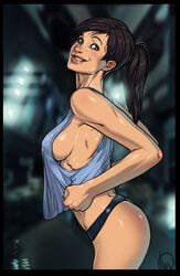 1girls ass breasts brown_hair female female_only ganassa large_breasts long_hair mass_effect mass_effect_andromeda nipple_bulge panties ponytail sara_ryder sideboob smile solo standing tank_top tied_hair underwear