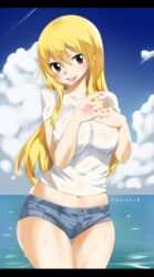 1girls 2016 blonde_hair blonde_hair_female blush breasts brown_eyes clothed cloud earrings eyebrows eyelashes fairy_tail fairy_tail_mark female female_only gaston18 hand_tattoo hands high_resolution hips human large_breasts lips lipstick long_hair looking_at_viewer lucy_heartfilia ocean open_mouth pink_lipstick pink_tattoo shiny shiny_skin sky solo standing stomach tattoo tattoo_on_hand tattooed_hand teeth thighs tongue very_long_hair water wet