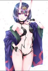 breasts demon_girl fate/grand_order fate_(series) female hand_on_hip horns japanese_clothes kimono looking_at_viewer navel oni oni_horns open_mouth petite purple_eyes purple_hair ripe.c short_hair shuten_douji_(fate) small_breasts smile solo teenager