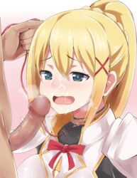 1boy blonde_hair blue_eyes blush breath censored clothed_female_nude_male collar cum darkness_(konosuba) facial female heavy_breathing imminent_fellatio kono_subarashii_sekai_ni_shukufuku_wo! leash long_hair mosaic_censoring nude open_mouth penis ponytail saliva shinkuso-kun sidelocks solo_focus straight tied_hair