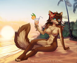 4_toes 5_fingers anthro beach black_nose blue_eyes brown_hair canine female fluffy fluffy_tail hair holding_object imanika ketty-leopardess mammal navel nipples nude outside pussy seaside sitting smile solo toes wolf