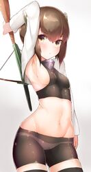 arm_behind_back armpits arms_up artist_name bangs bike_shorts blush boruhis bow_(weapon) breasts brown_eyes brown_hair cameltoe contrapposto crossbow female grey_background headgear kantai_collection long_sleeves looking_at_viewer navel short_hair sideboob small_breasts solo stomach taihou_(kantai_collection) thighhighs weapon white_background