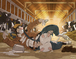 anthro barn bovine brown_hair bucket cattle clenched_teeth closed_eyes clothing cum cum_on_ground cum_on_self cum_pool detailed_background ear_piercing erection footwear front_view hair hat hay hooves lying male mammal open_mouth overalls pecs penis piercing pose shoes teats teeth torn_clothing transformation udders vein veiny_penis wfa