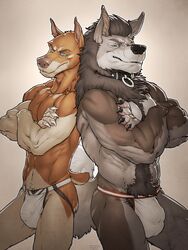 2boys abs anthro back_to_back bat bat_ears biceps black_nose blaine blaine_edan body_hair brockamute bulge canine claws clothing collar concealed crossed_arms doberman docked_tail duo fluffy fluffy_tail forge_(artist) grin happy_trail heterochromia hybrid jockstrap looking_at_viewer malamute male male_only mammal muscular pecs penis_outline pink_nose pointy_ears pubes smug standing thick_thighs underwear white_underwear